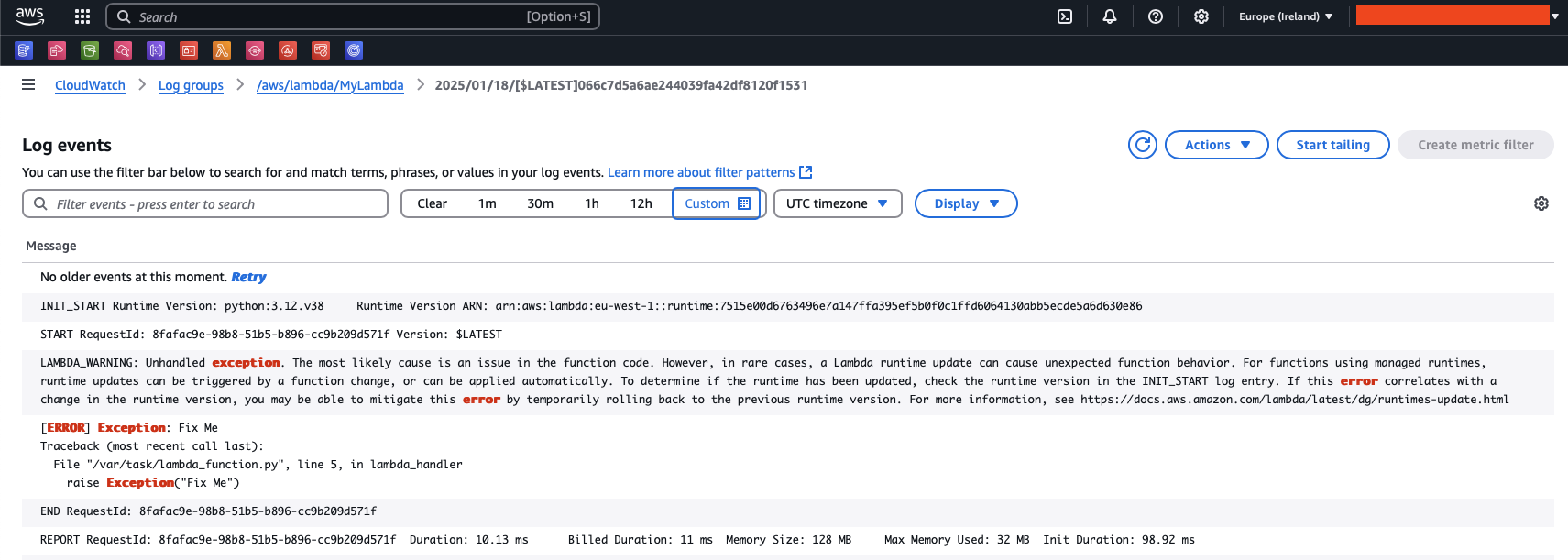 Screenshot of the log group of the lambda function